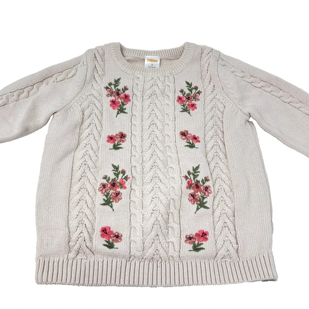 Gymboree Cotton Cable Knit Embroidered Sweater‎ Girls Size 6 Tan Cottagecore